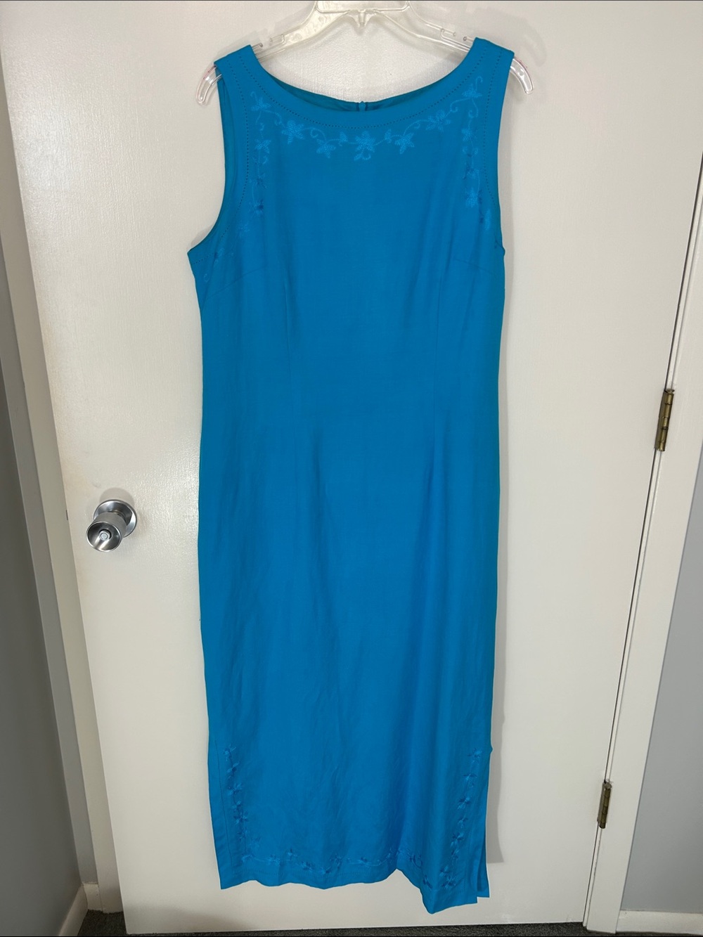 Jessica Howard Turquoise Blue Linen Blend Midi-Maxi Sleeveless Embroidered Dress